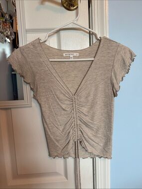 Antistar Ruched V-Neck Crop Top in Taupe